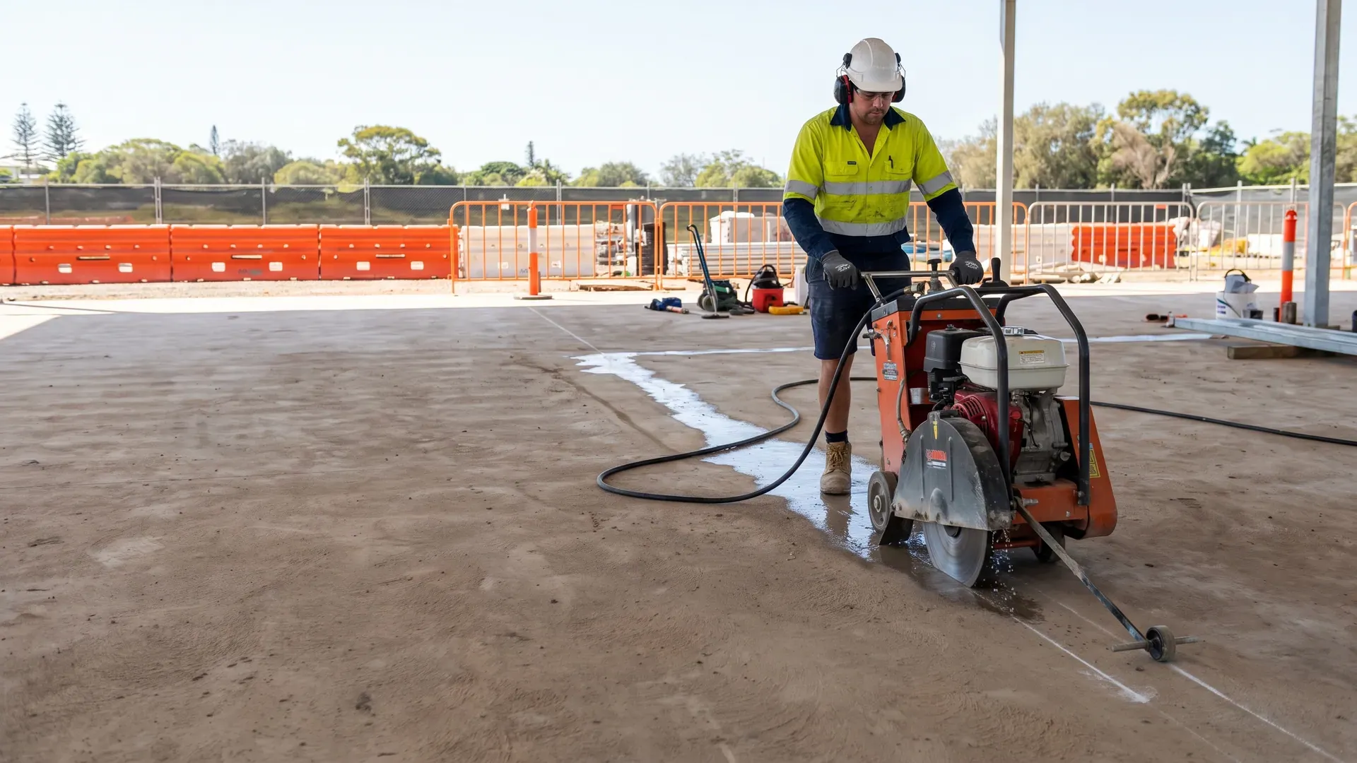 Guarded floor saw following a marked cut in a concrete slab