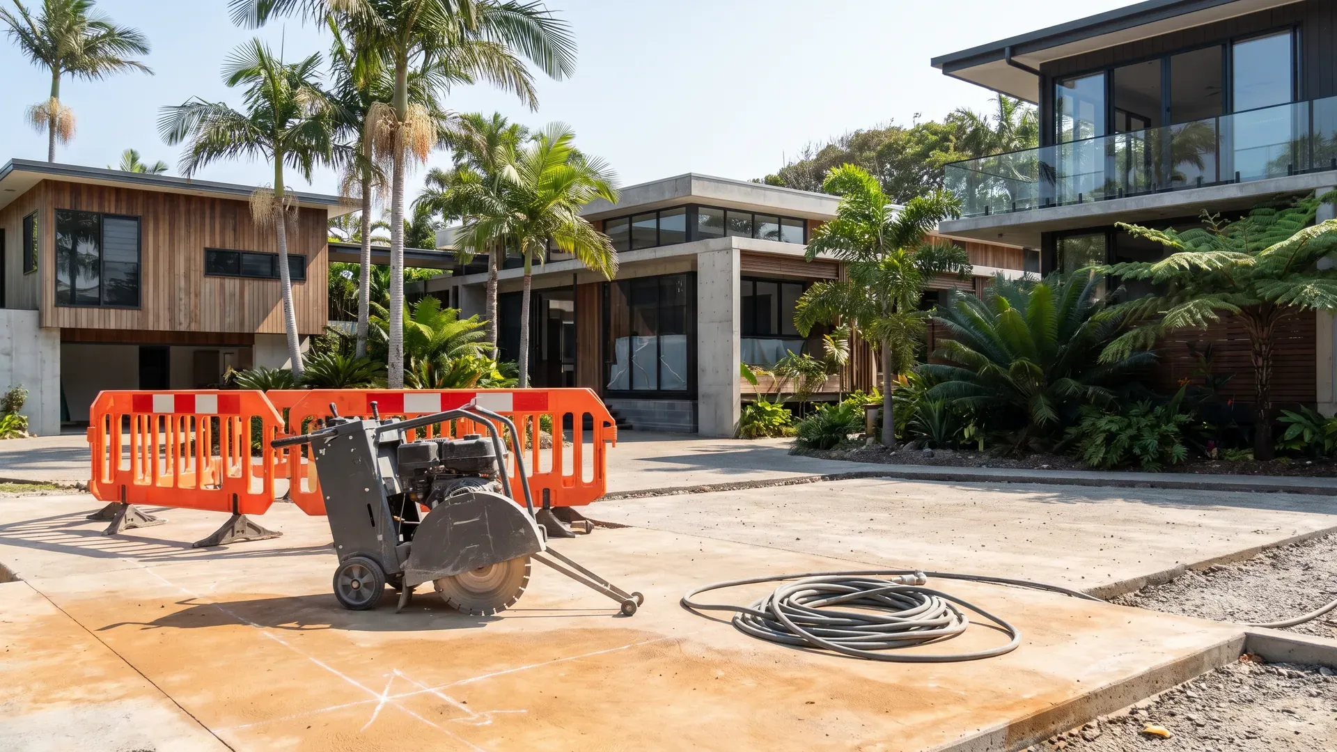 Walk-behind floor saw and coiled hose staged behind orange barriers outside modern homes