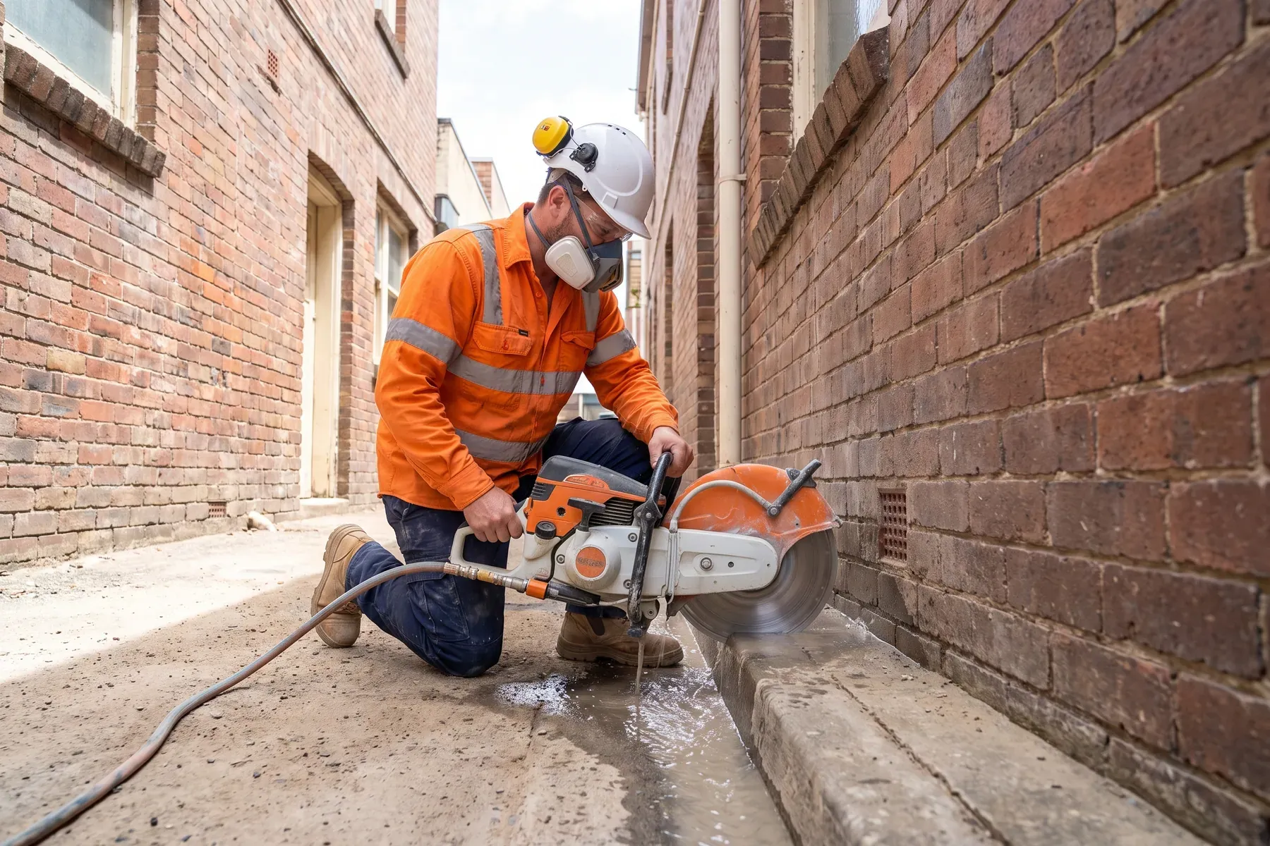 Guarded handheld concrete saw with a water feed being used in a narrow access path