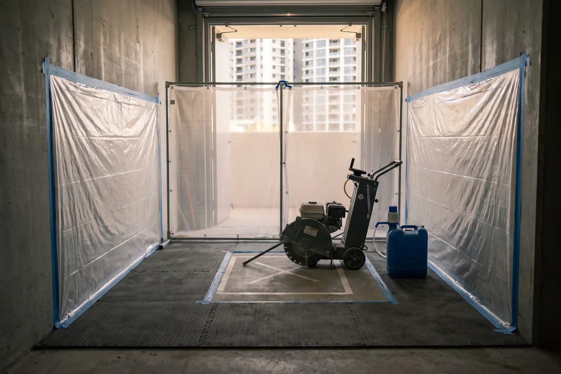 Contained concrete-cutting setup in a high-density building service area