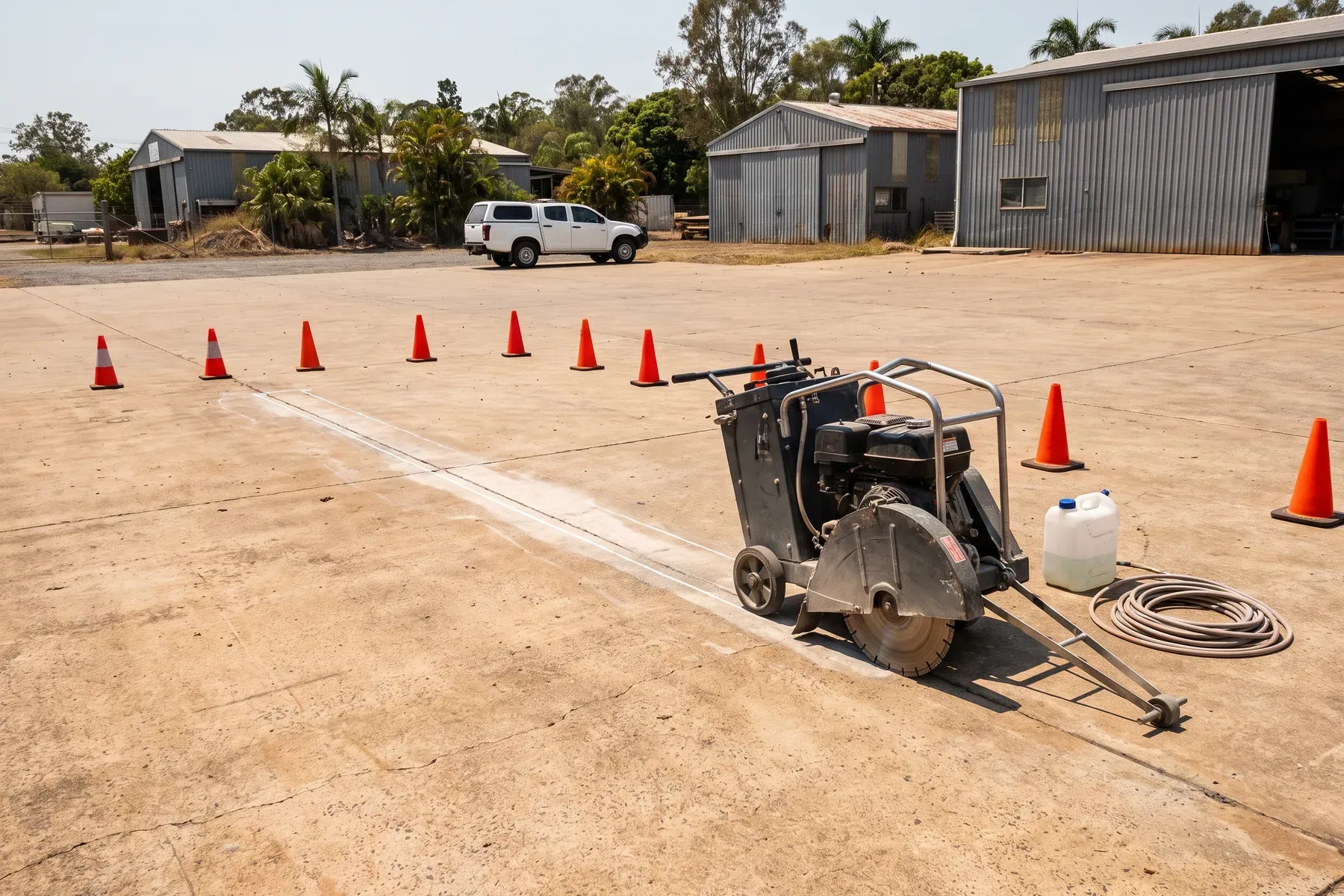 Concrete slab cutting setup in a safely staged industrial work area