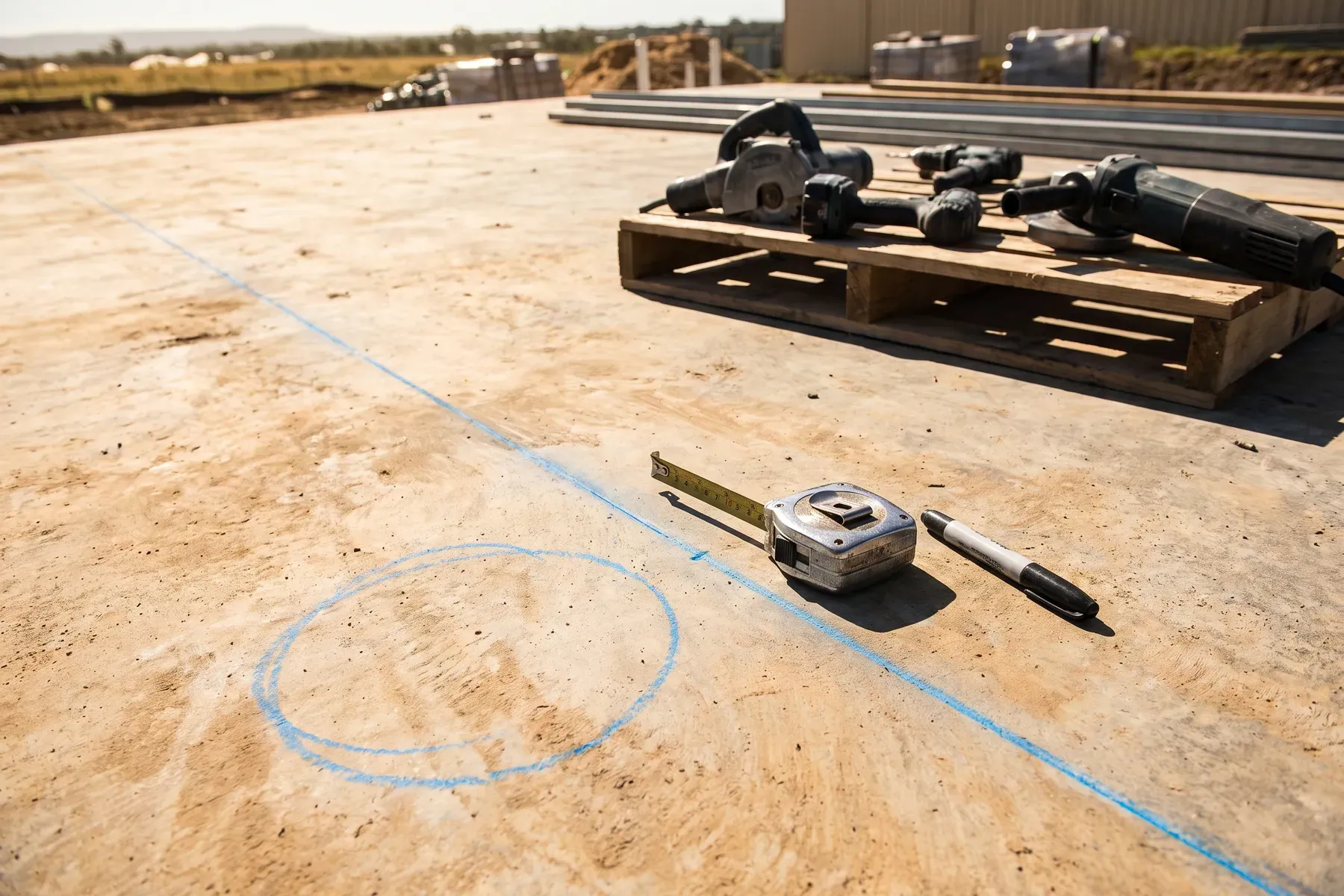 Cut line and circular opening set out in marker on a concrete slab