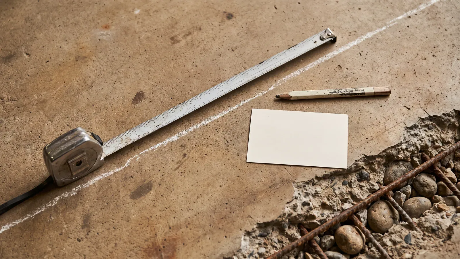 Tape measure and pencil on a concrete slab beside a chalked cut line, with exposed reinforcement in a broken edge