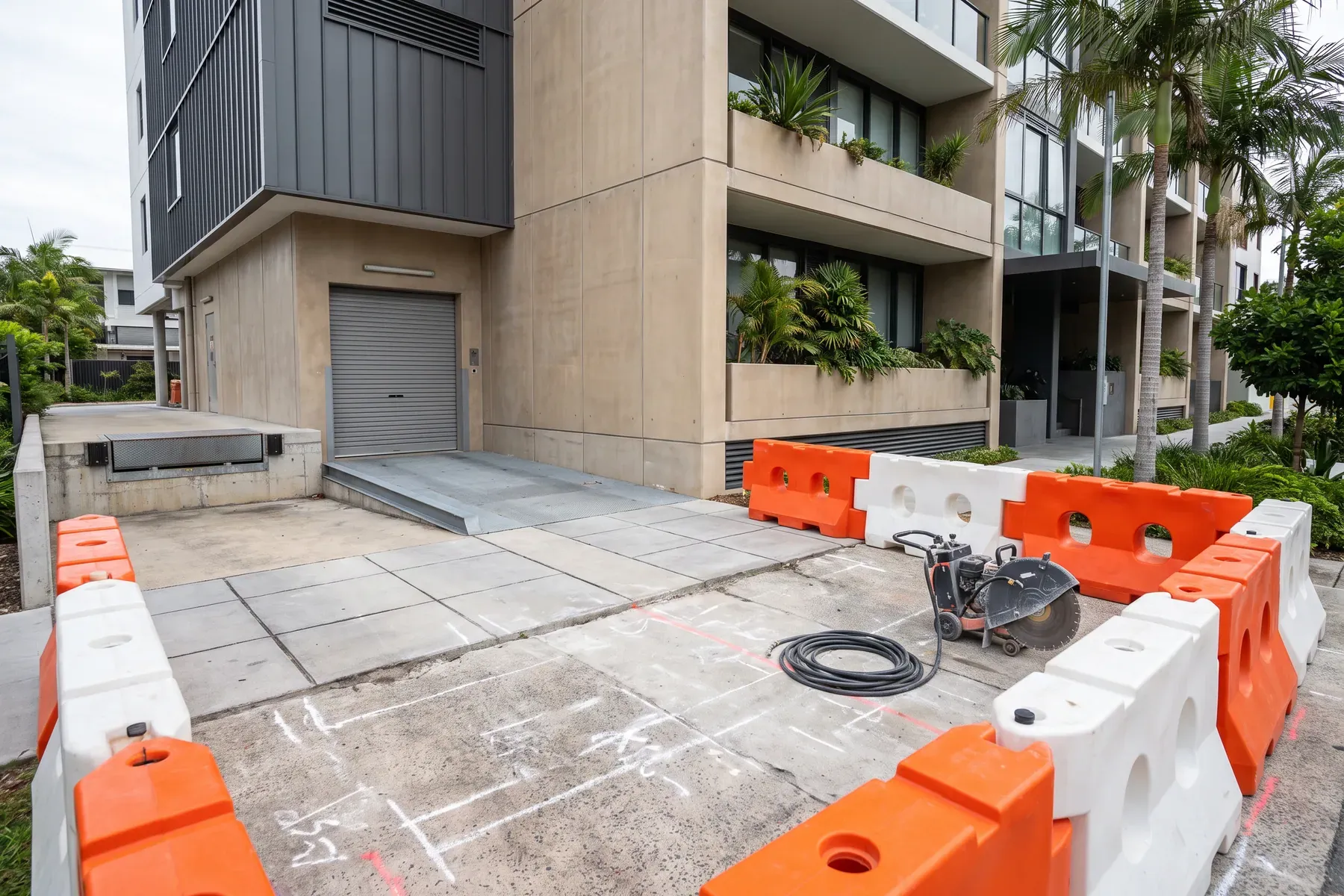 Controlled concrete work area beside a mixed-use building loading zone