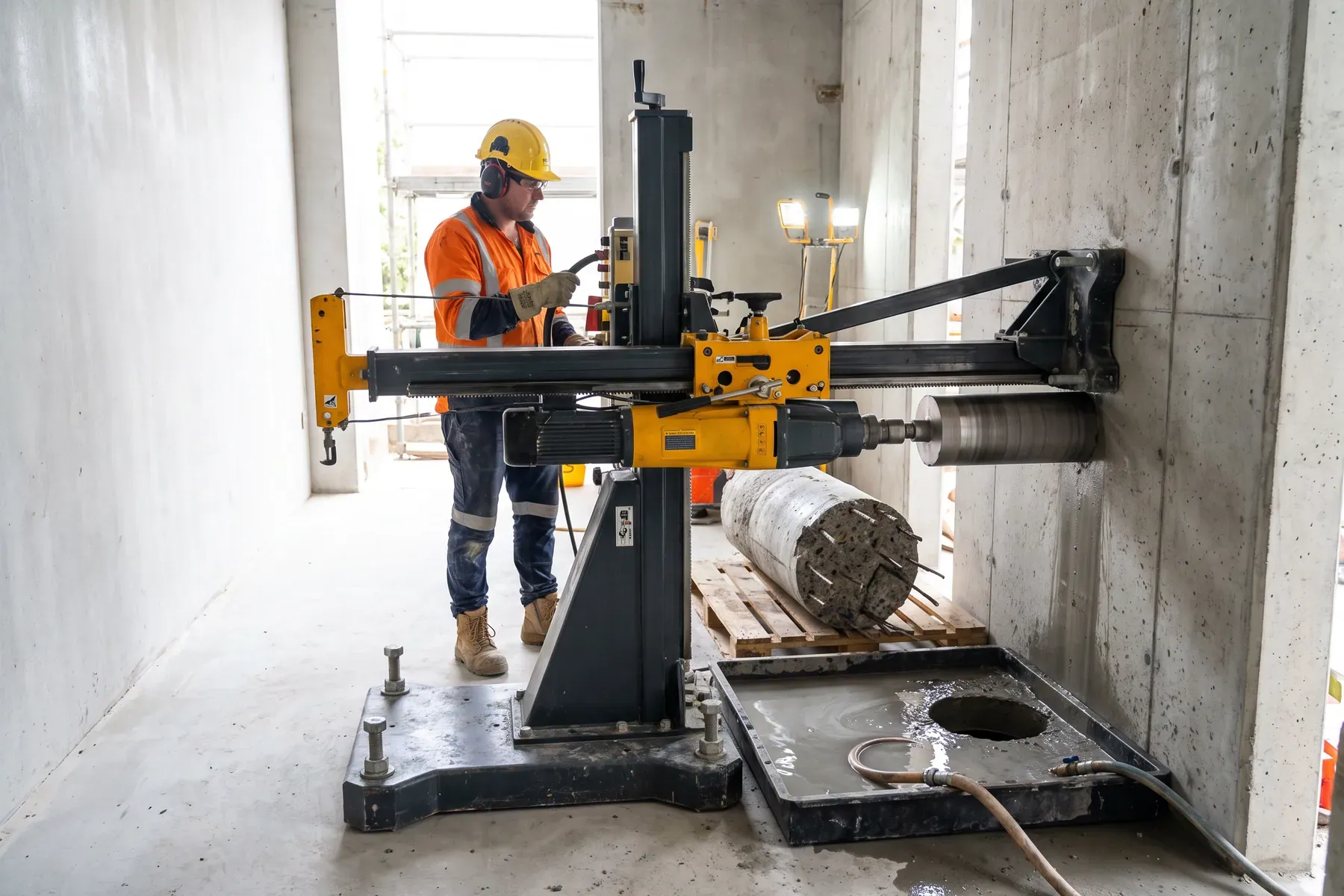 Mounted core drill creating a circular opening in concrete