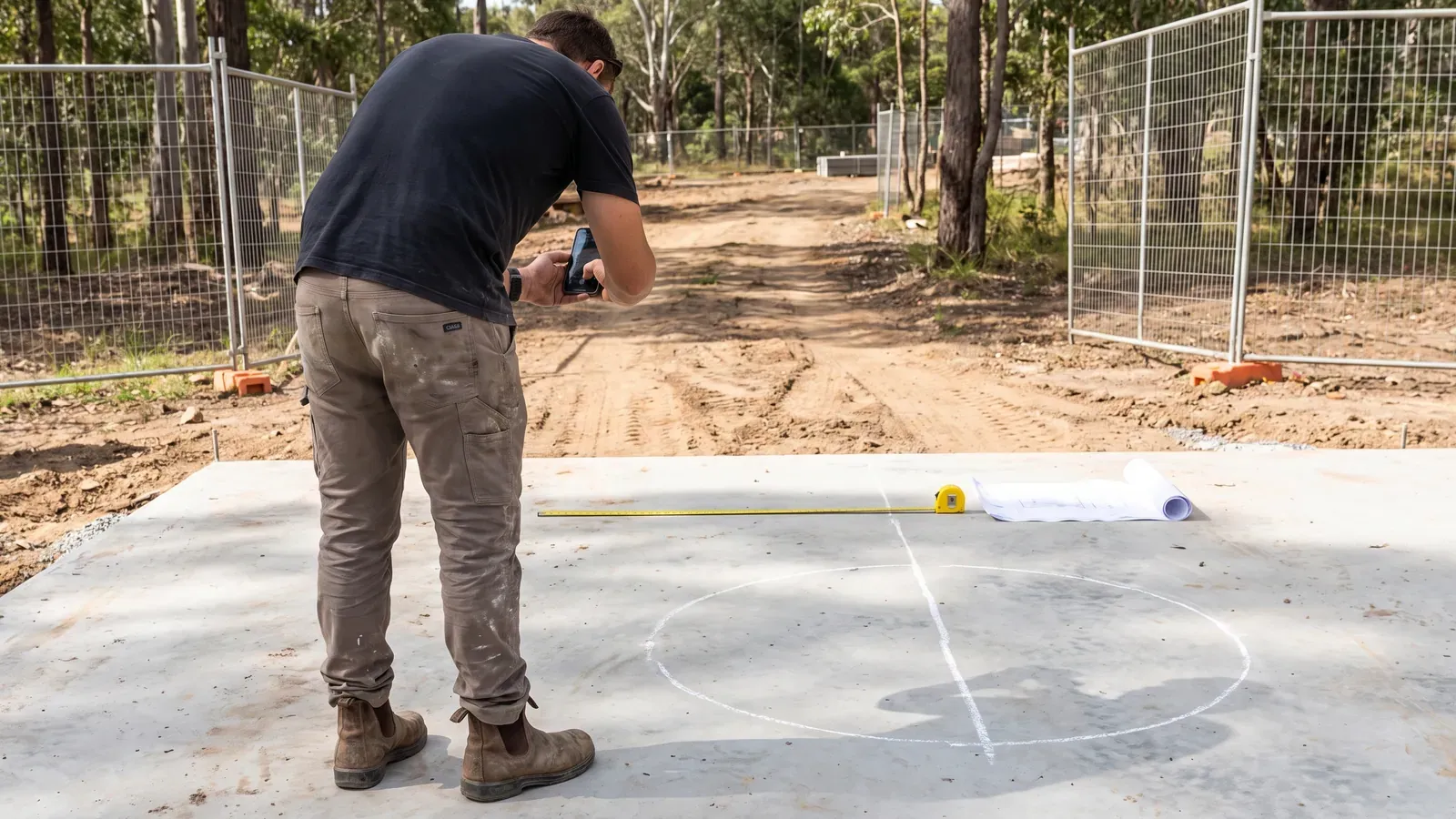 Worker photographing a chalk circle marked on a concrete slab, with rolled drawings and a tape measure beside it