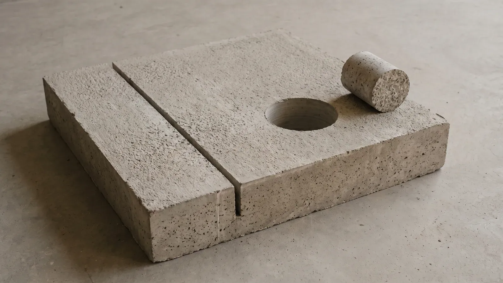Straight concrete cut beside a circular core-drilled opening