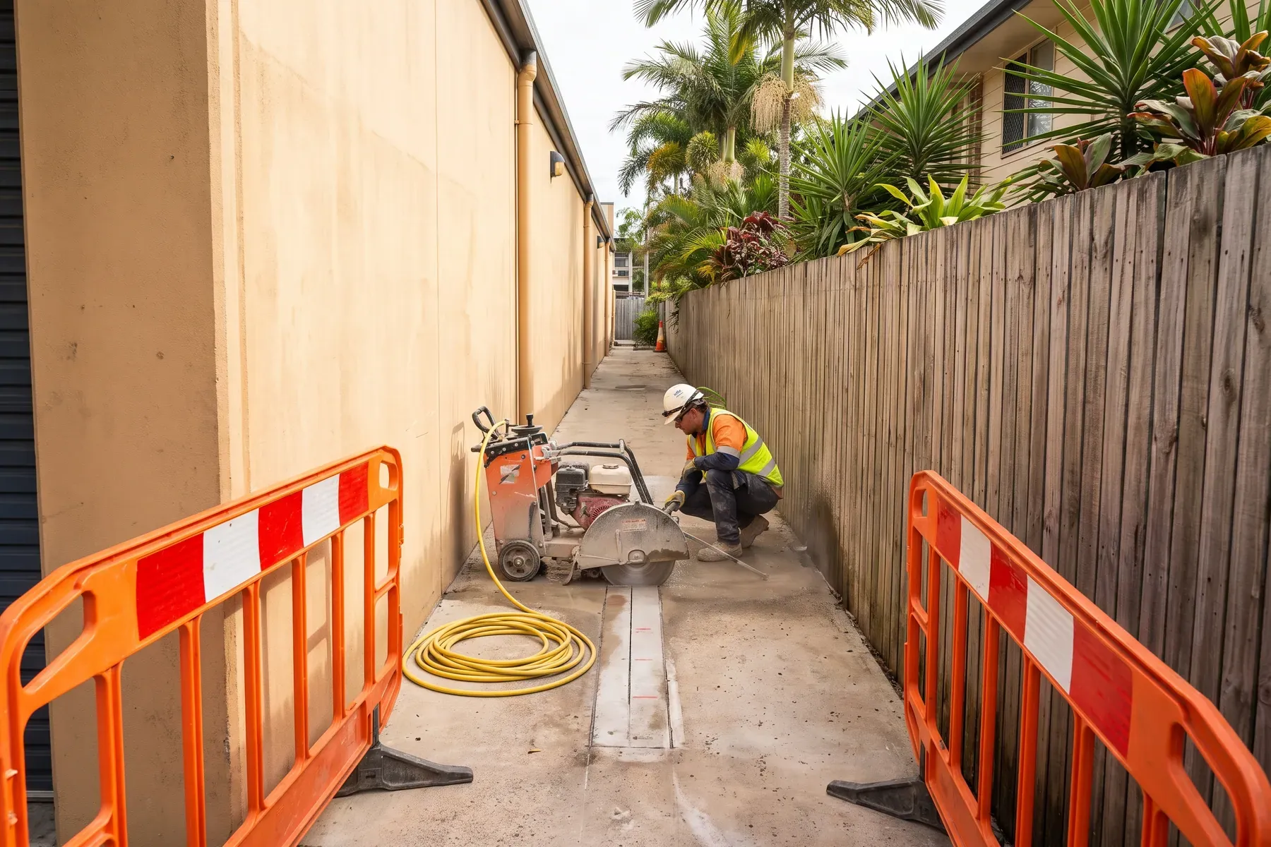 Concrete-cutting equipment staged beside a constrained mixed-use access path