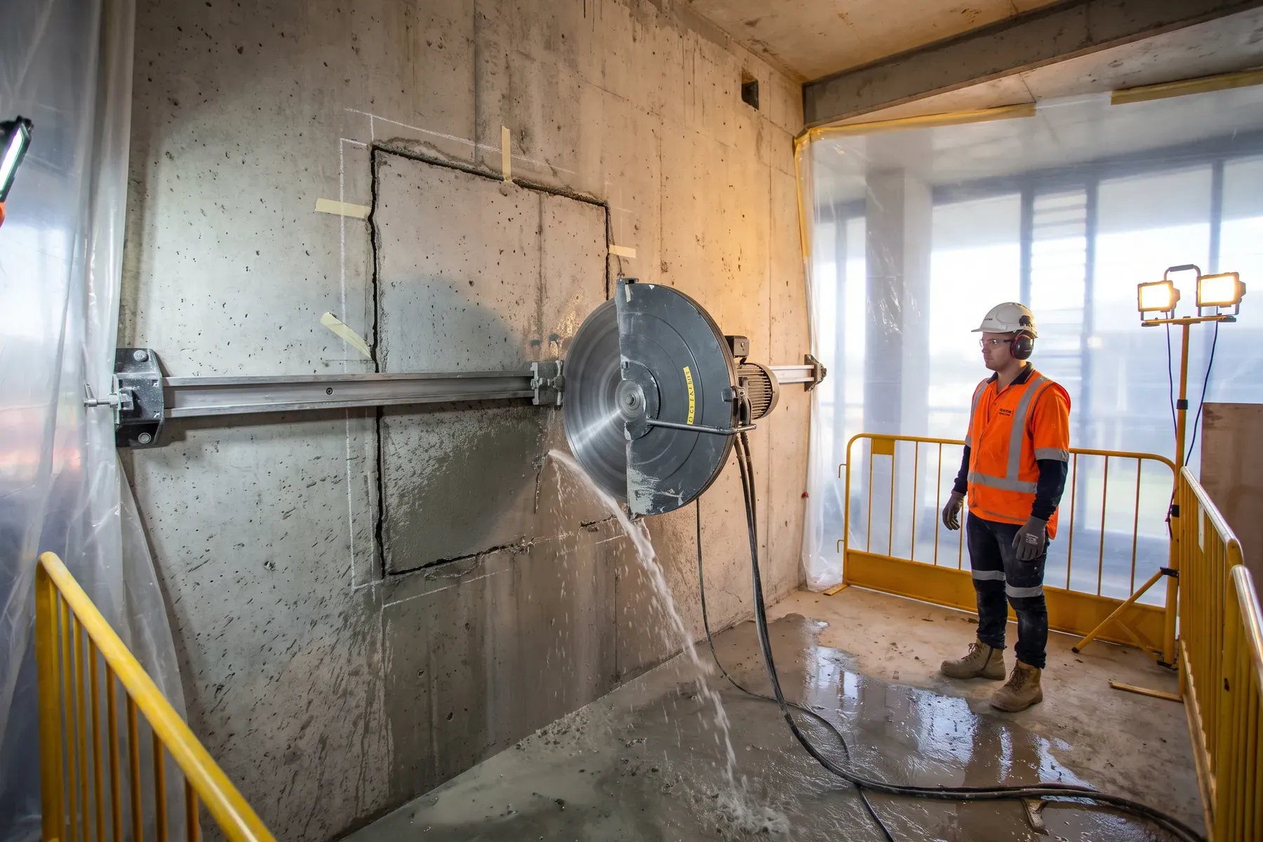 Track-mounted wall saw beside a marked concrete wall opening