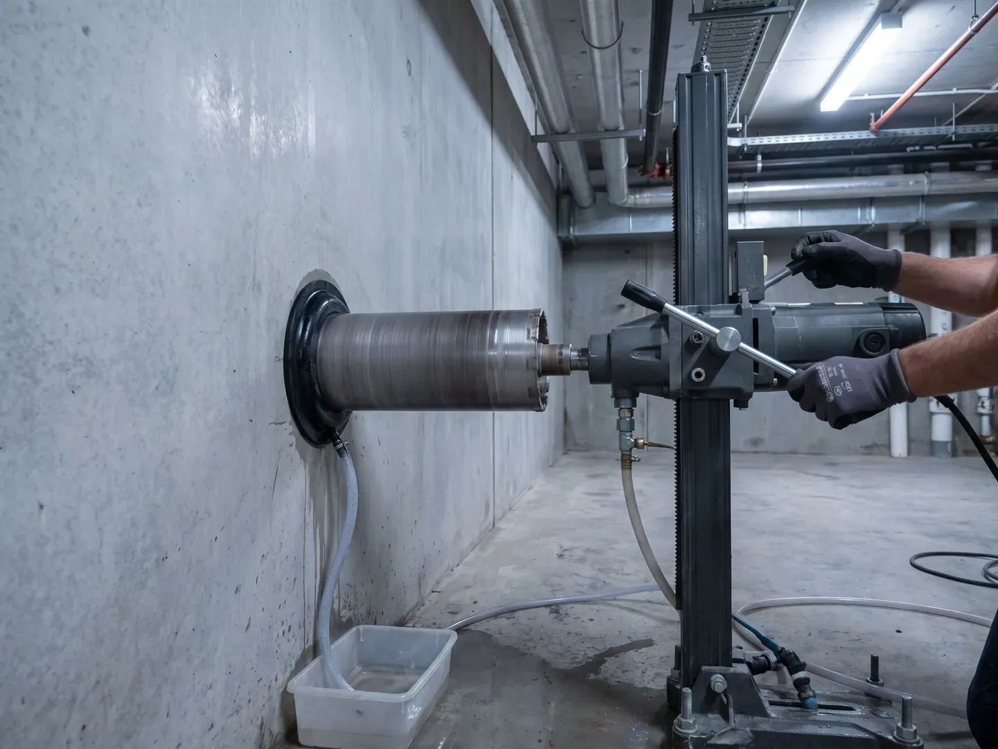 Wall-mounted core drill with water-control setup on concrete