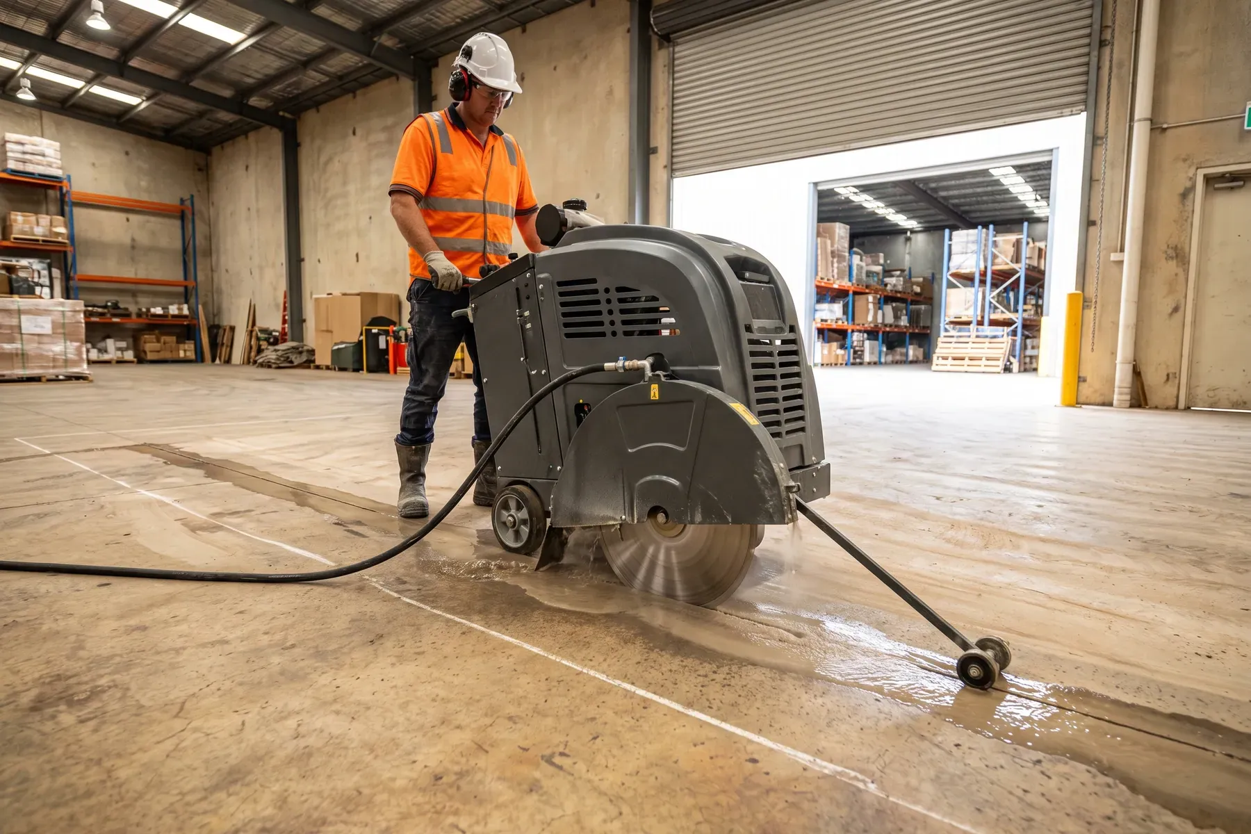 Wet floor saw cutting along a marked concrete slab line